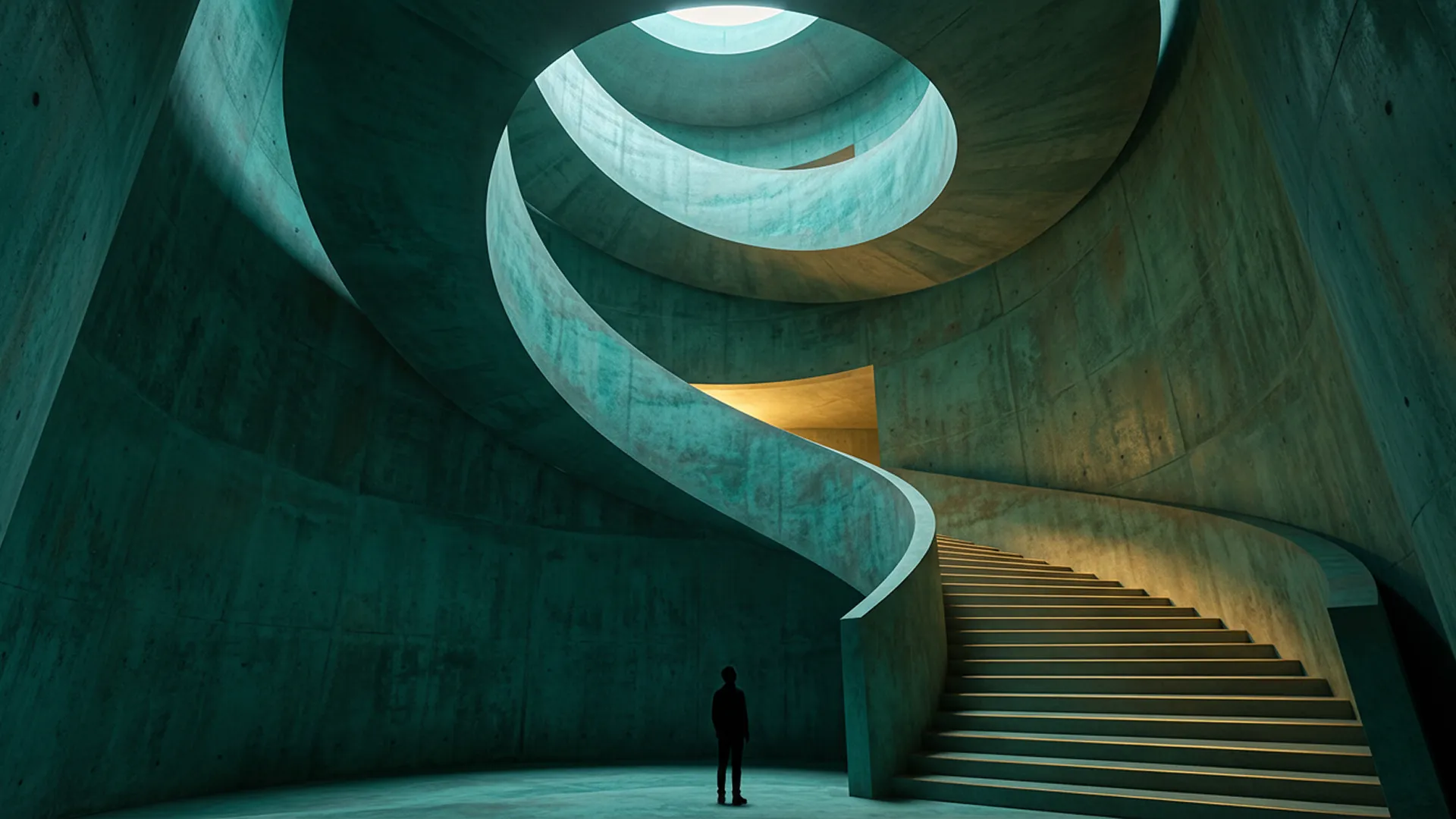 This image captures a dramatic, spiraling interior space, viewed from a perspective near the base of a majestic, curving staircase. The composition is dynamic and asymmetrical, with the smooth, sweeping form of the staircase guiding the eye upward in a graceful, continuous curve. The walls, floor, and ceiling are all rendered in a single, continuous material that appears to be a mottled, patinated teal or verdigris-covered concrete, giving the space a monolithic, cavernous feel. The art style is one of minimalist, sculptural architecture, where form and light are the primary subjects. At the bottom of the frame, a lone, dark, slender figure stands in silhouette, providing a stark sense of scale and adding a solitary, contemplative mood. Light enters the scene dramatically from two sources: a warm, inviting glow illuminates the steps from an unseen point further up the spiral, while a cool, circular skylight high above casts a soft, ethereal light onto the upper wall. The cinematic effect is one of quiet grandeur and mystery, a journey through a space that feels both ancient and futuristic, carved from a single, seamless piece of material